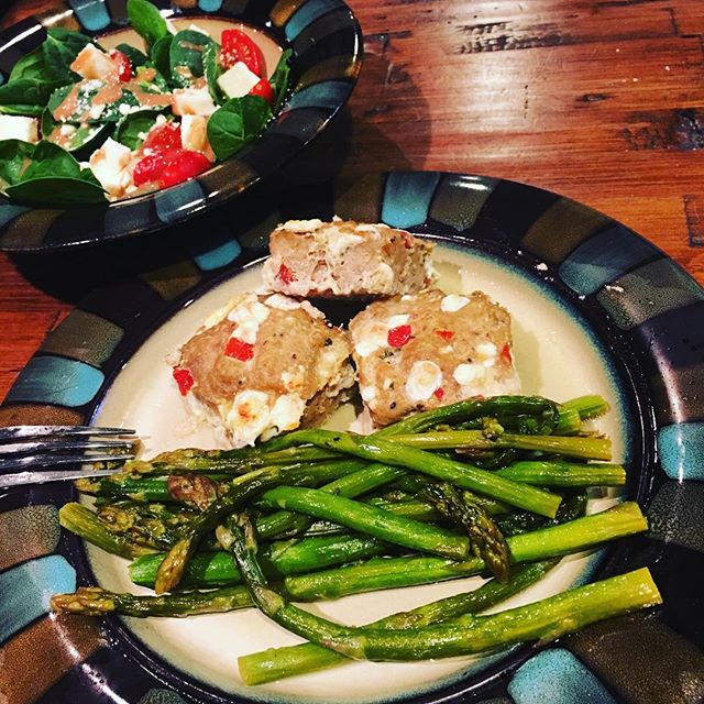 Turkey loaf and asparagus with a nice salad.
